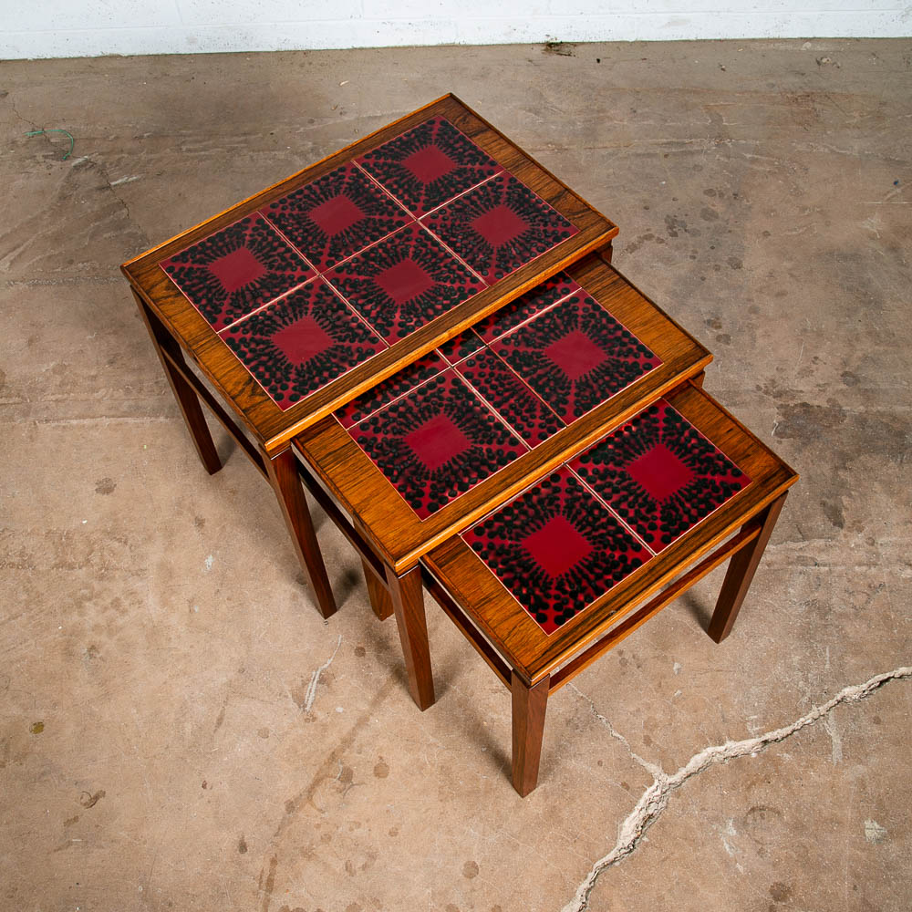 Mid Century Danish Modern Nesting Tables Rosewood Ceramic Tile Red Black Set 3 - Image 2