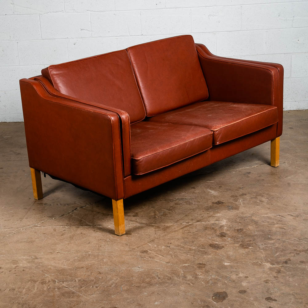 Mid Century Danish Modern Sofa Settee Ox Blood Red Leather 2 Seat Denmark Couch