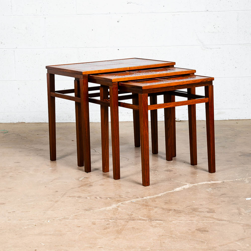 Mid Century Danish Modern Nesting Tables Rosewood Ceramic Tile Red Black Set 3 - Image 3