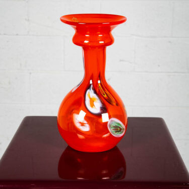 Mid Century Modern Studio Glass Vase Red Orange 70s Handblown Round Orb Signed