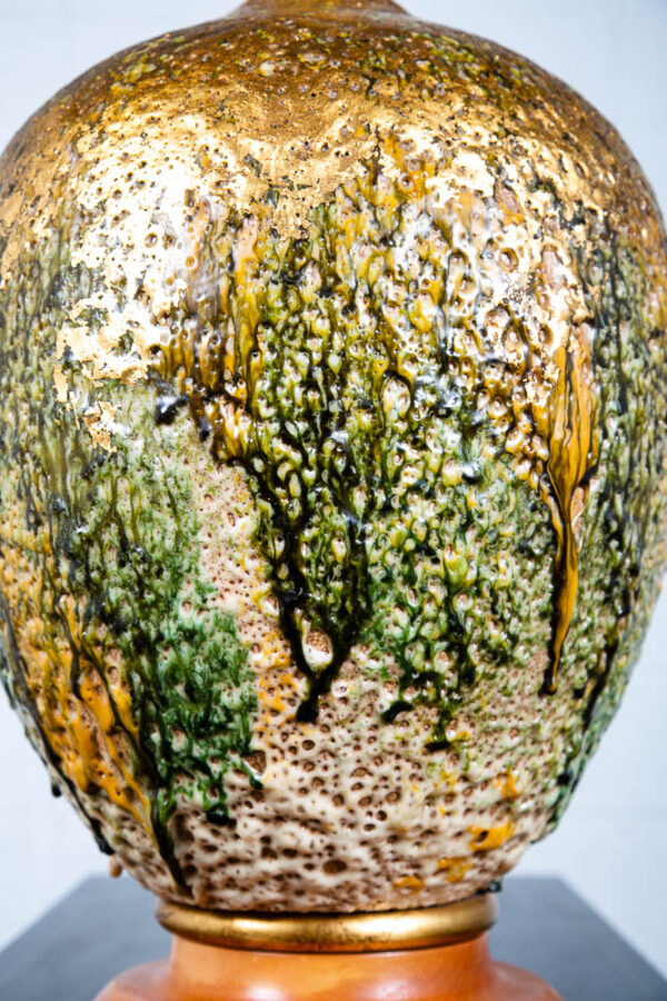 Mid Century Modern Table Lamp Green Gold Light Vintage Drip Ceramic Mcm Round - Image 3