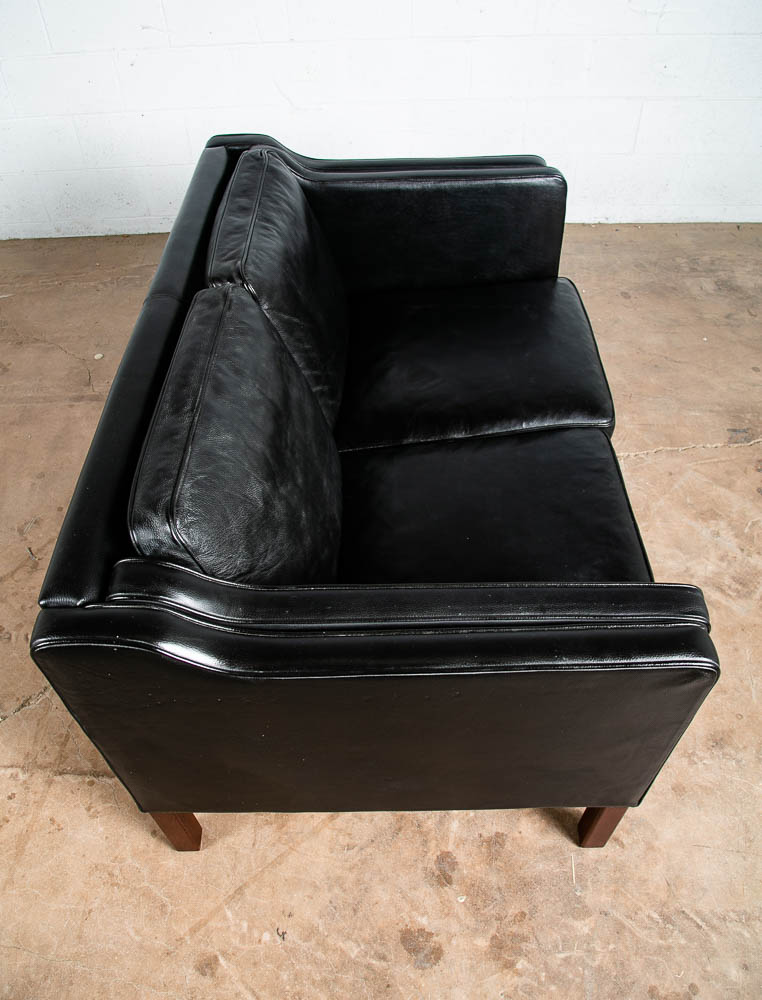Mid Century Danish Modern Sofa Couch 2 Seat Vejen Mobler Black Leather Settee - Image 4