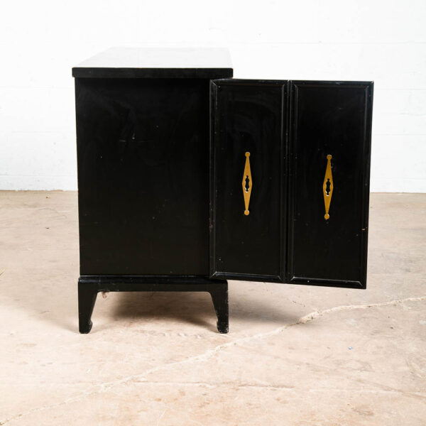 Mid Century Modern Credenza Cabinet Black Lacquer Doors Compact Gold Brass Door - Image 4