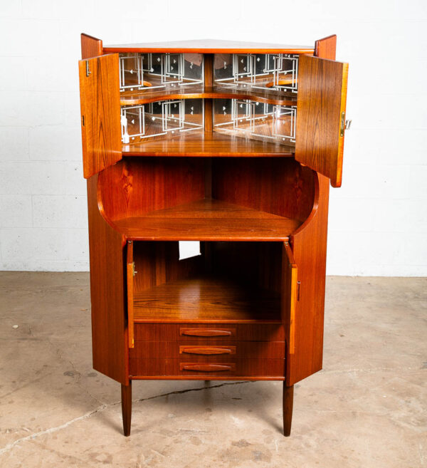 Mid Century Danish Modern Corner Cabinet Teak Wood Bar Denmark Drawers Locking Cocktail Storage - Image 3