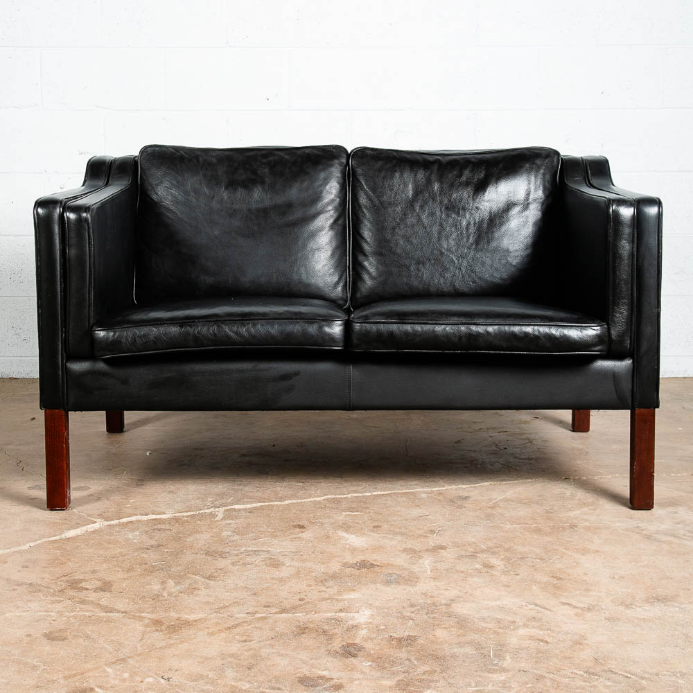 Mid Century Danish Modern Sofa Couch 2 Seat Vejen Mobler Black Leather Settee - Image 3