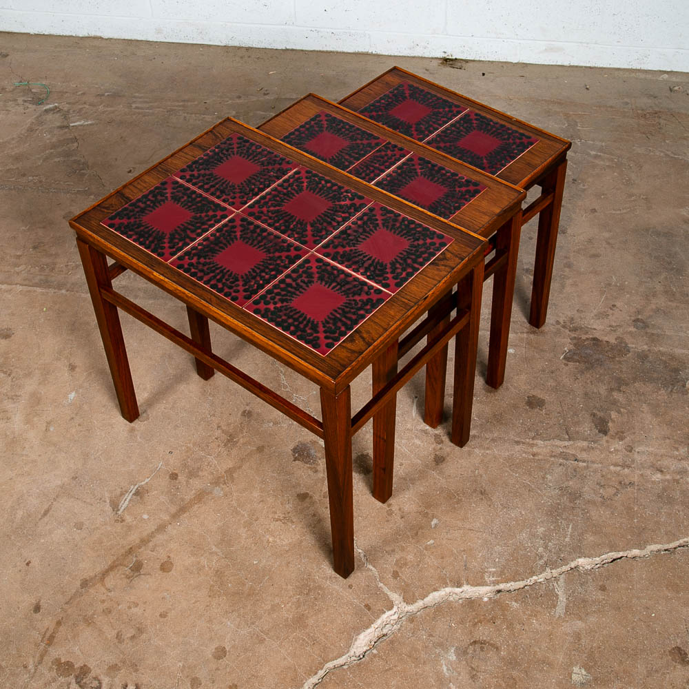 Mid Century Danish Modern Nesting Tables Rosewood Ceramic Tile Red Black Set 3 - Image 6