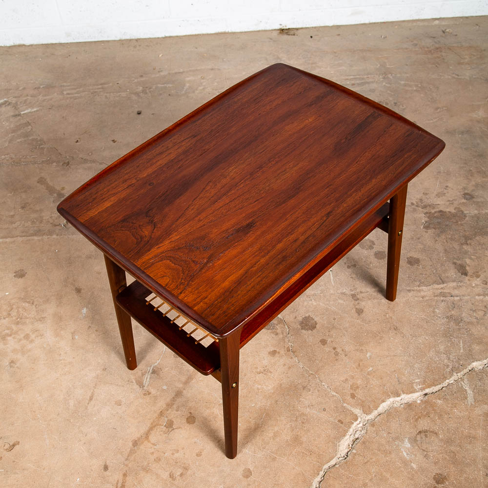 Mid Century Danish Modern End Side Table Arne Hovmand Olsen Teak Cane Shelf Mcm - Image 3