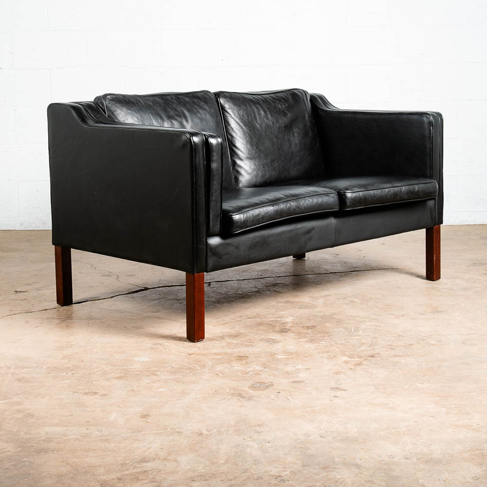 Mid Century Danish Modern Sofa Couch 2 Seat Vejen Mobler Black Leather Settee - Image 7