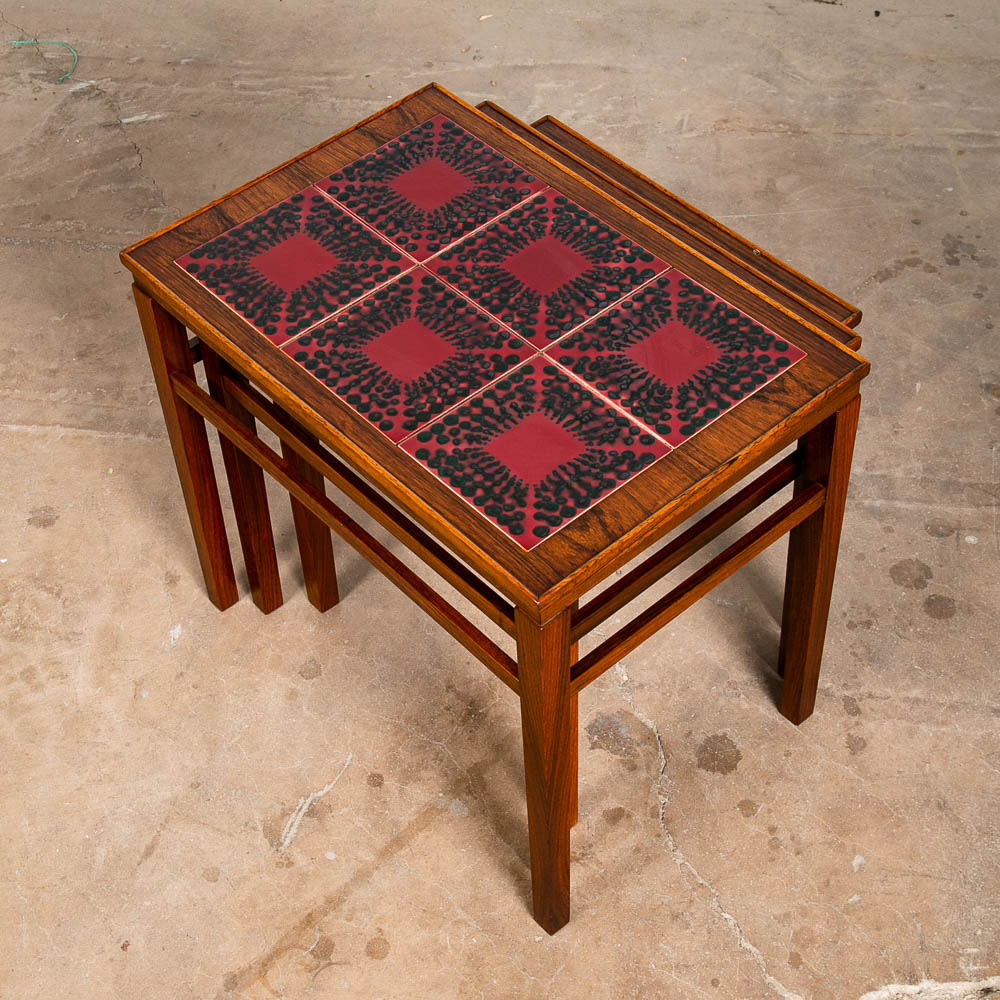 Mid Century Danish Modern Nesting Tables Rosewood Ceramic Tile Red Black Set 3 - Image 7