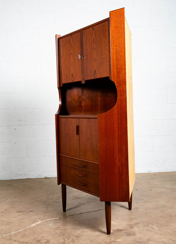 Mid Century Danish Modern Corner Cabinet Teak Wood Bar Denmark Drawers Locking Cocktail Storage - Image 2