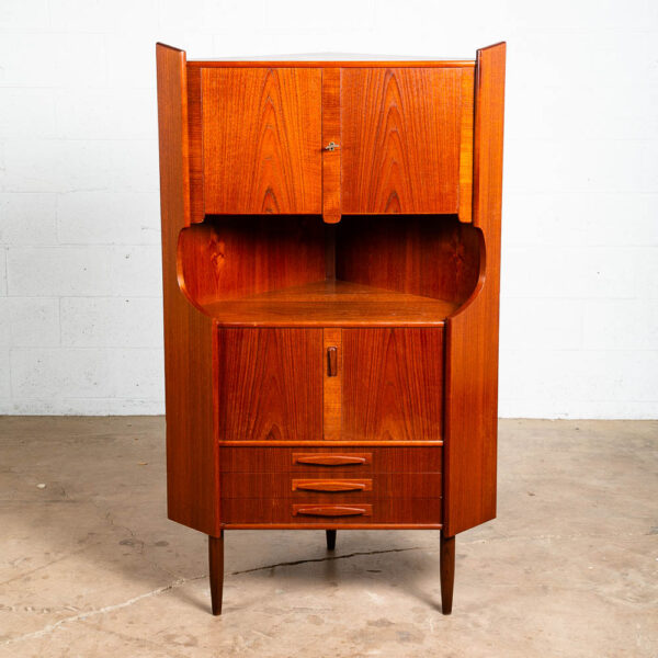 Mid Century Danish Modern Corner Cabinet Teak Wood Bar Denmark Drawers Locking Cocktail Storage