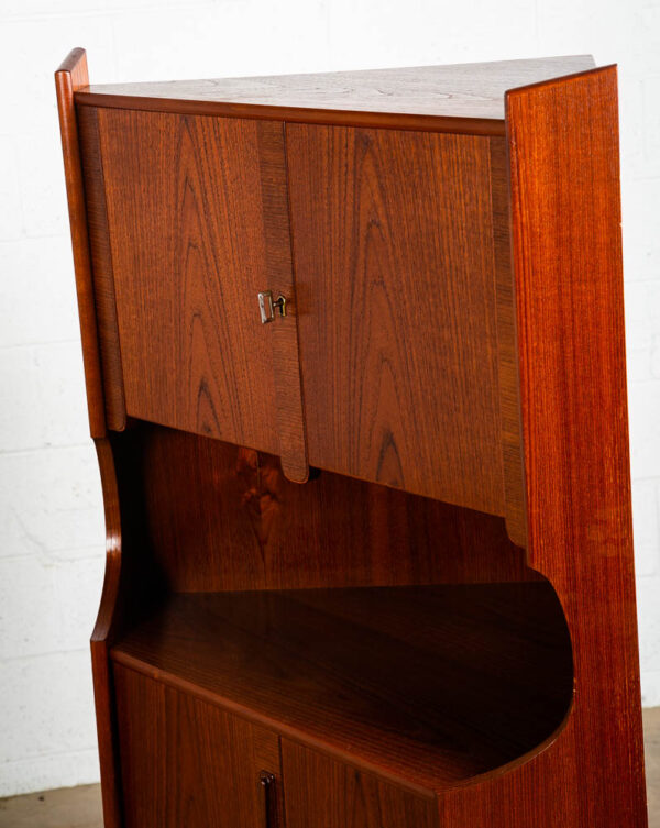 Mid Century Danish Modern Corner Cabinet Teak Wood Bar Denmark Drawers Locking Cocktail Storage - Image 9