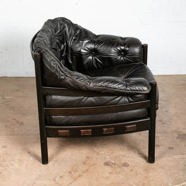 Mid Century Danish Modern Lounge Chair Black Leather Arne Norell Oak Armchair VG - Image 4