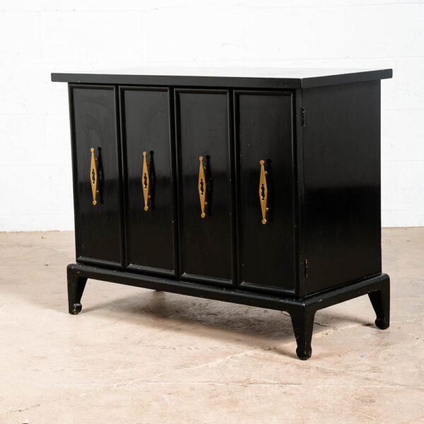 Mid Century Modern Credenza Cabinet Black Lacquer Doors Compact Gold Brass Door