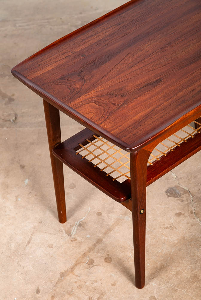 Mid Century Danish Modern End Side Table Arne Hovmand Olsen Teak Cane Shelf Mcm - Image 8