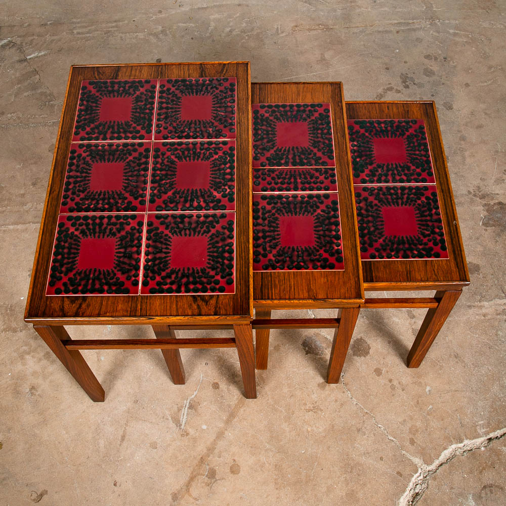 Mid Century Danish Modern Nesting Tables Rosewood Ceramic Tile Red Black Set 3 - Image 11