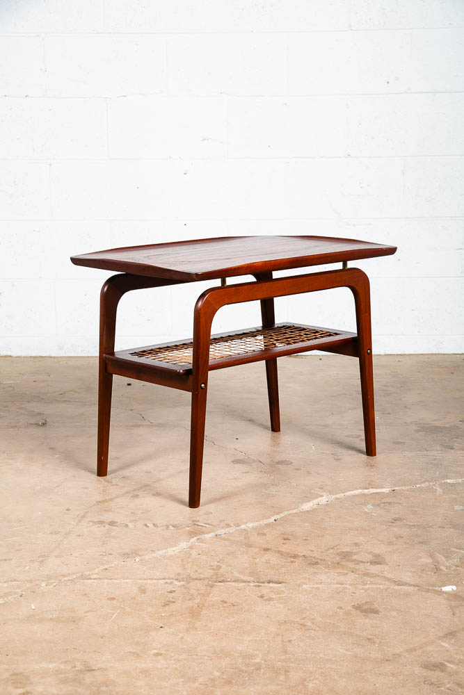 Mid Century Danish Modern End Side Table Arne Hovmand Olsen Teak Cane Shelf Mcm - Image 5
