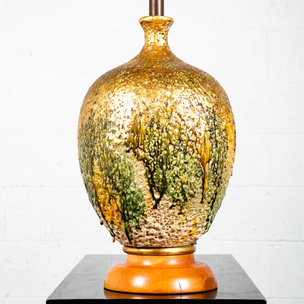 Mid Century Modern Table Lamp Green Gold Light Vintage Drip Ceramic Mcm Round - Image 2