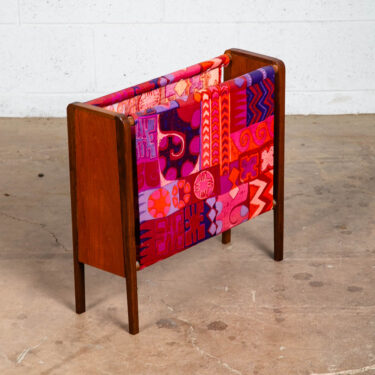 Mid Century Modern Magazine Rack Solid Teak Vintage Pink Groovy Fabric Colorful