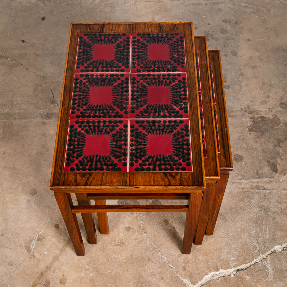 Mid Century Danish Modern Nesting Tables Rosewood Ceramic Tile Red Black Set 3 - Image 9