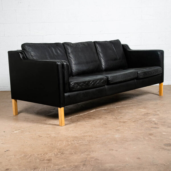 Mid Century Danish Modern Sofa Couch 3 Seater Stouby Worn Leather Black Stouby