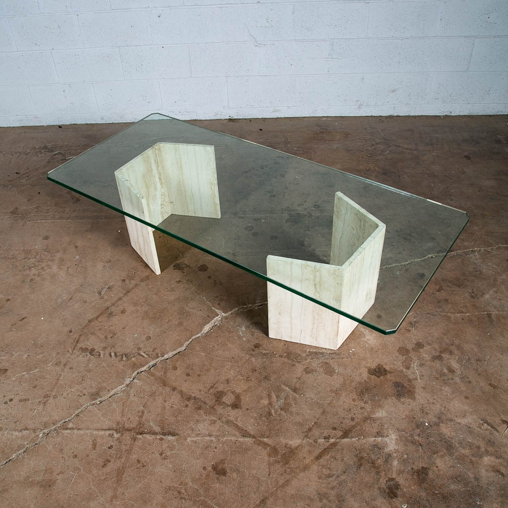 Mid Century Modern Coffee Table Travertine Stone Italian Glass Vintage Large 60" - Image 5