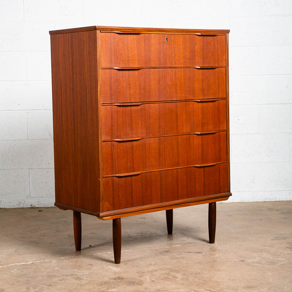 Mid Century Danish Modern Highboy Dresser 5 Drawer Teak Handles Denmark Tall Mcm - Image 2
