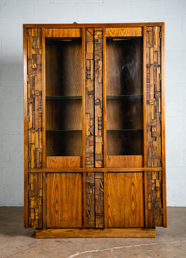 Mid Century Modern Hutch China Cabinet Lane Mosaic Pueblo Brutalist Glass Wood