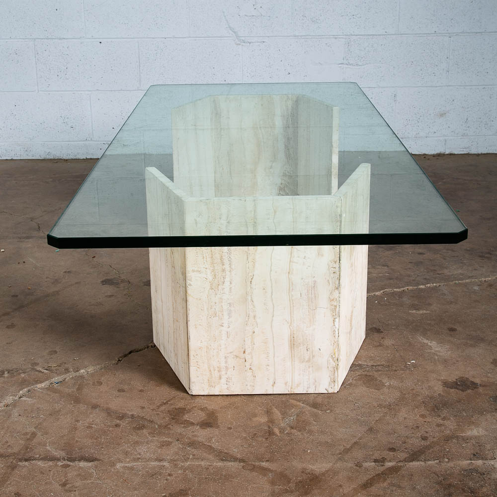 Mid Century Modern Coffee Table Travertine Stone Italian Glass Vintage Large 60" - Image 4