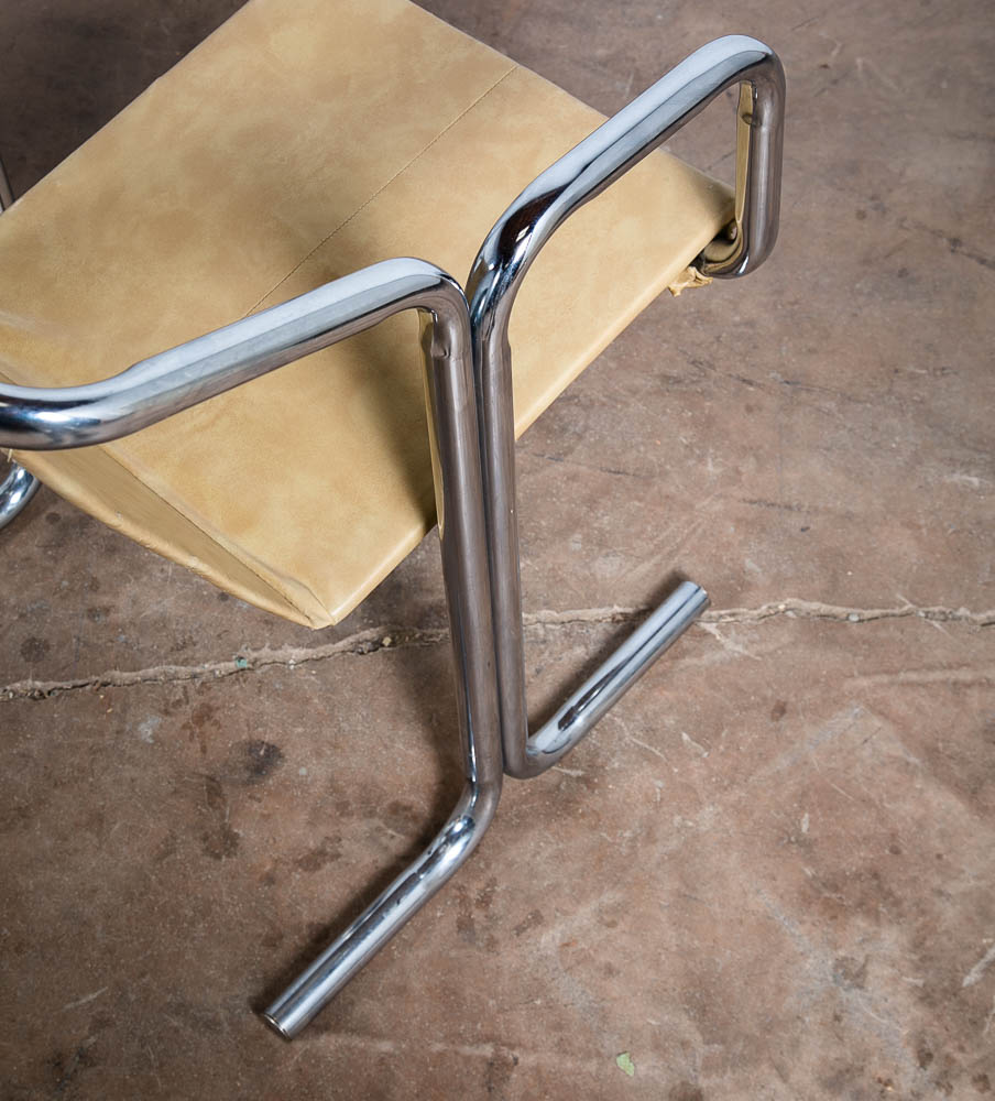 Mid Century Modern Lounge Chairs Chrome Tan Jerry Johnson Sling Pair Armchair 2 - Image 10