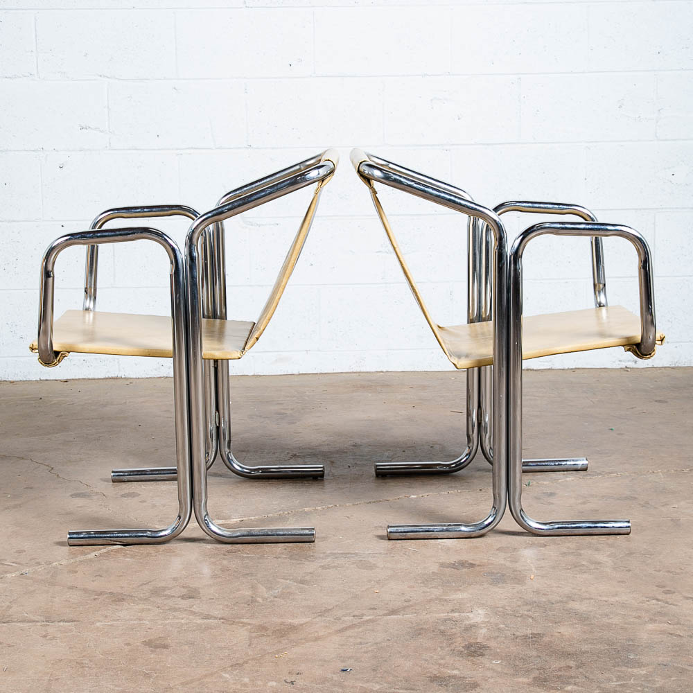Mid Century Modern Lounge Chairs Chrome Tan Jerry Johnson Sling Pair Armchair 2 - Image 2