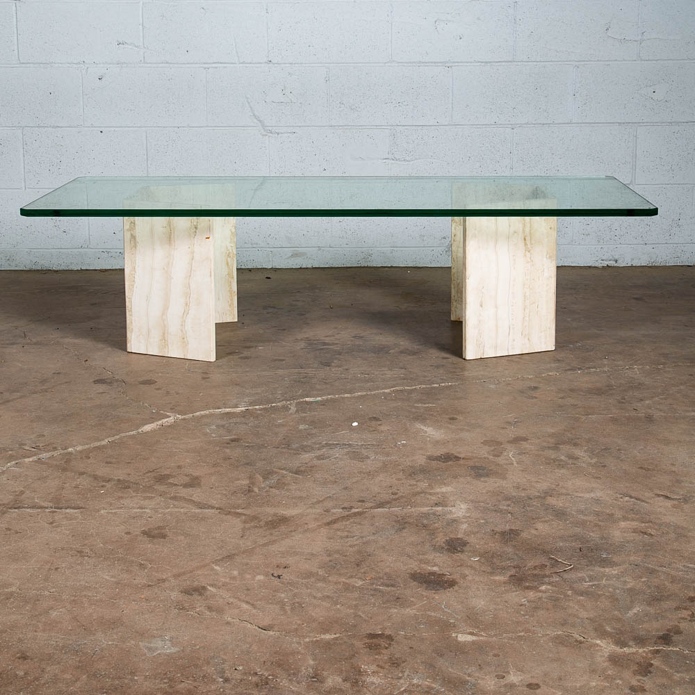 Mid Century Modern Coffee Table Travertine Stone Italian Glass Vintage Large 60" - Image 2