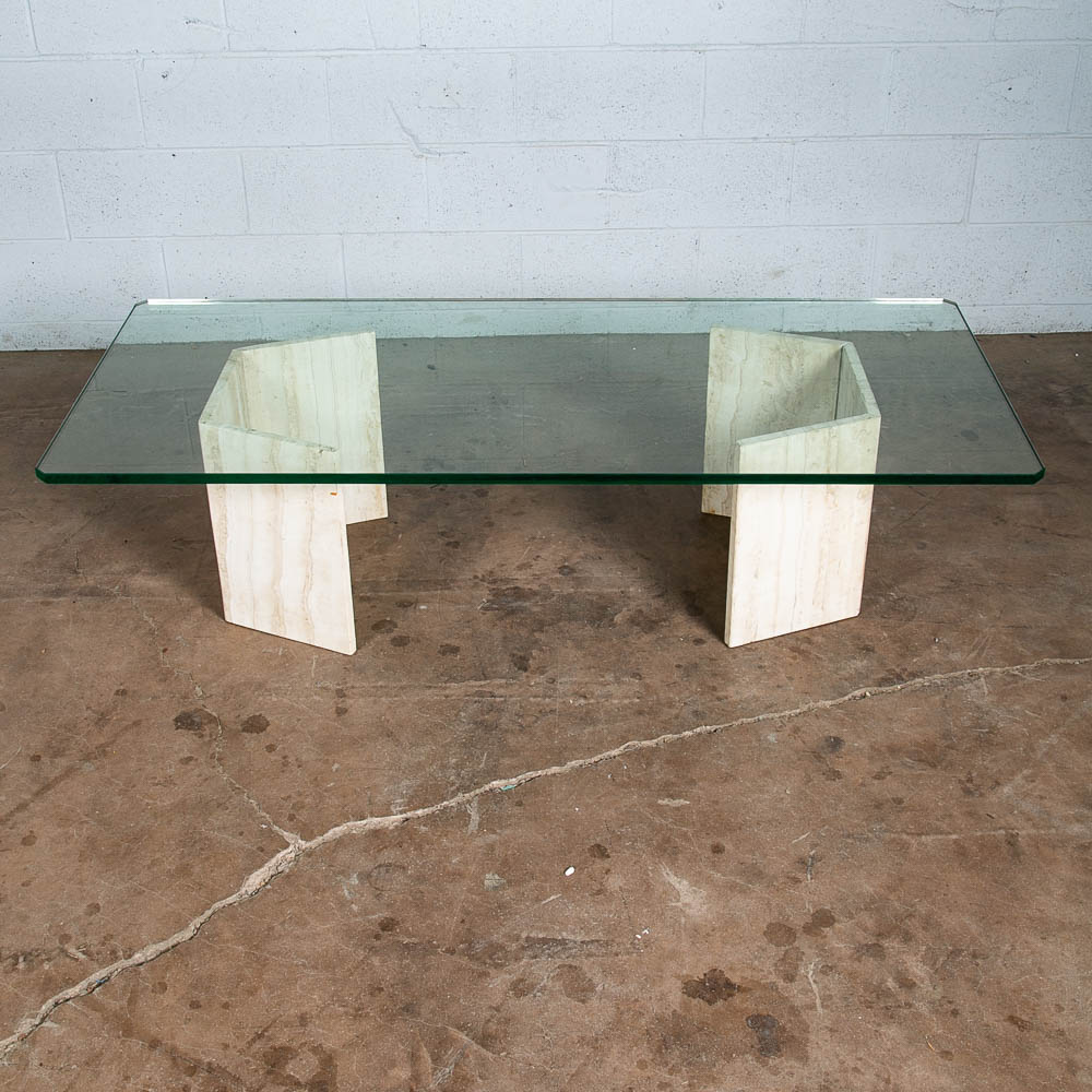 Mid Century Modern Coffee Table Travertine Stone Italian Glass Vintage Large 60" - Image 6
