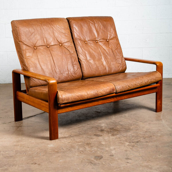 Mid Century Danish Modern Settee Sofa Komfort Tan Leather Denmark 2 Seat Teak VG - Image 6