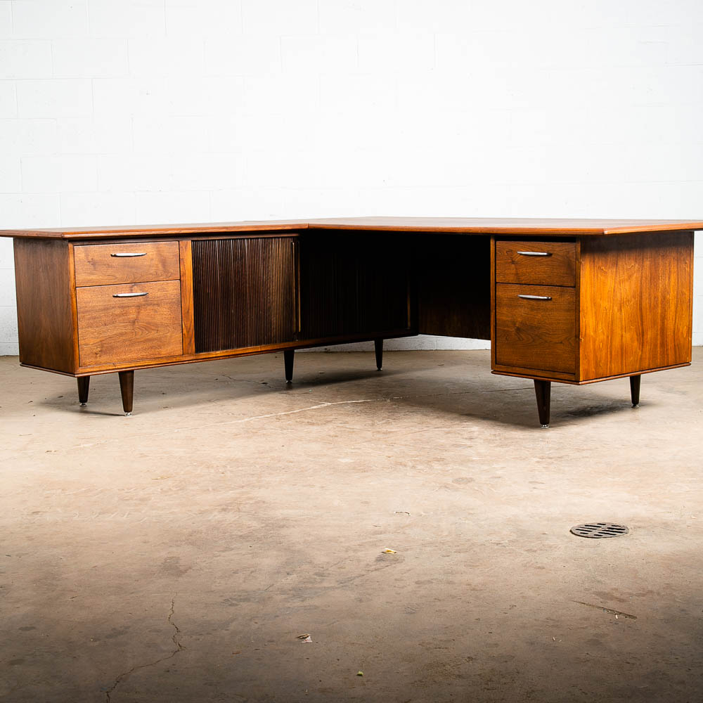 Mid Century Modern Desk Executive L shaped Solid Walnut Tambour Door Large File - Image 5
