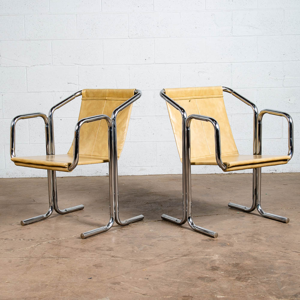 Mid Century Modern Lounge Chairs Chrome Tan Jerry Johnson Sling Pair Armchair 2