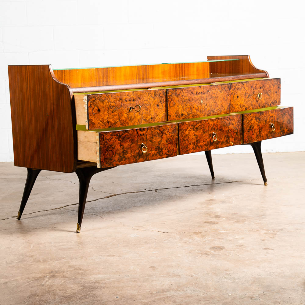 Mid Century Danish Modern Credenza Vanity Teak Italian 6 Drawers Mirror Glass - Image 4