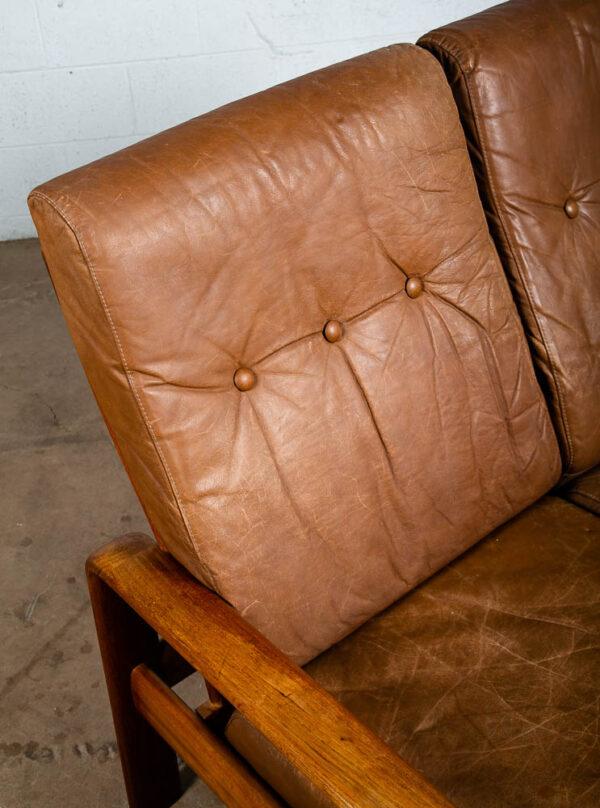 Mid Century Danish Modern Settee Sofa Komfort Tan Leather Denmark 2 Seat Teak VG - Image 10