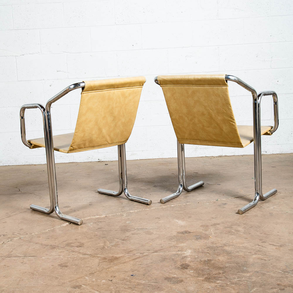 Mid Century Modern Lounge Chairs Chrome Tan Jerry Johnson Sling Pair Armchair 2 - Image 3