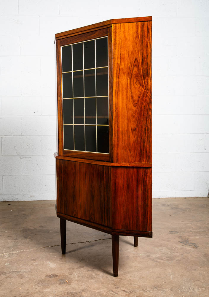 Mid Century Danish Modern Corner Cabinet Rosewood Wood Bar Denmark Locking Glass - Image 2