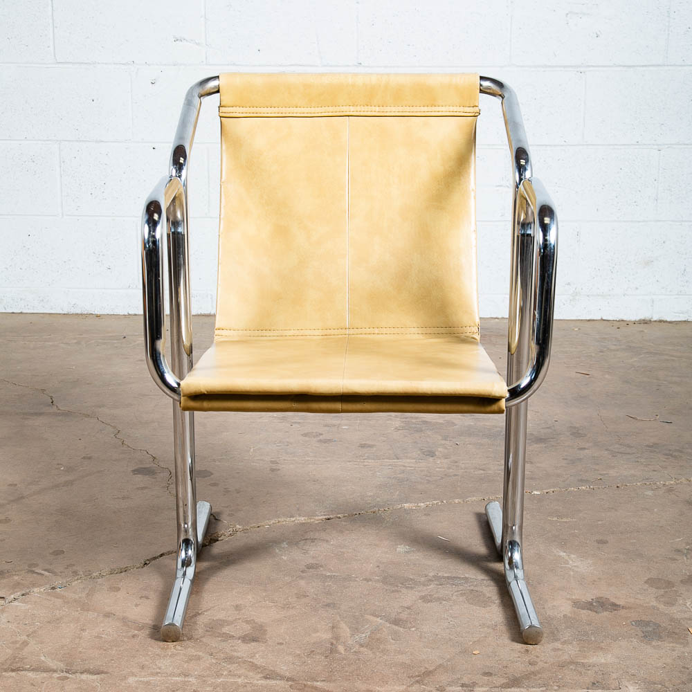 Mid Century Modern Lounge Chairs Chrome Tan Jerry Johnson Sling Pair Armchair 2 - Image 7