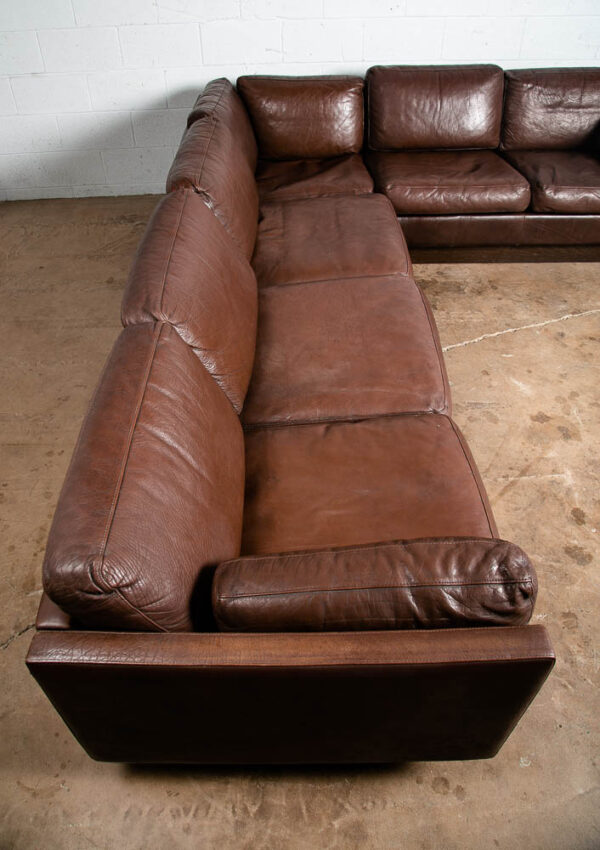 Mid Century Danish Modern Sofa Sectional Brown Leather Couch Thams Cubist Post - Image 4