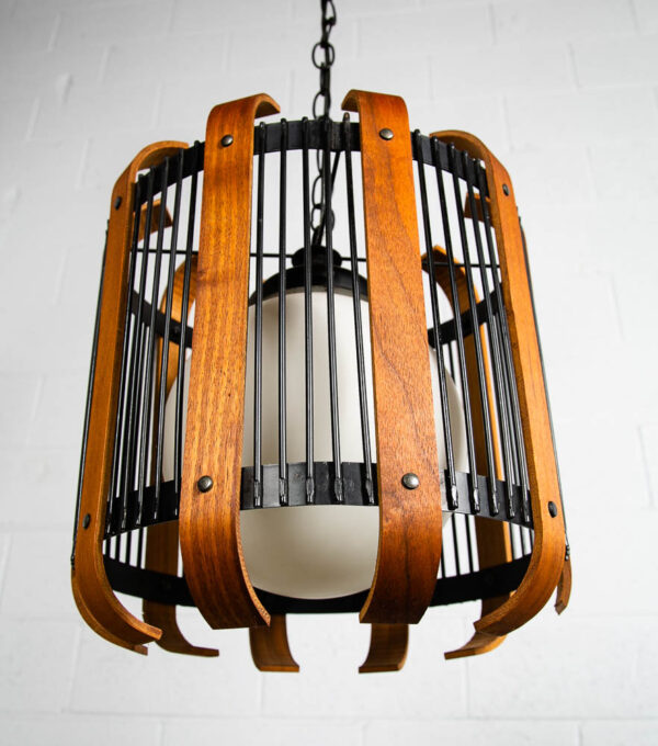 Mid Century Modern Hanging Lamp Metal Wood Switch Vintage White Globe Glass Mcm - Image 4