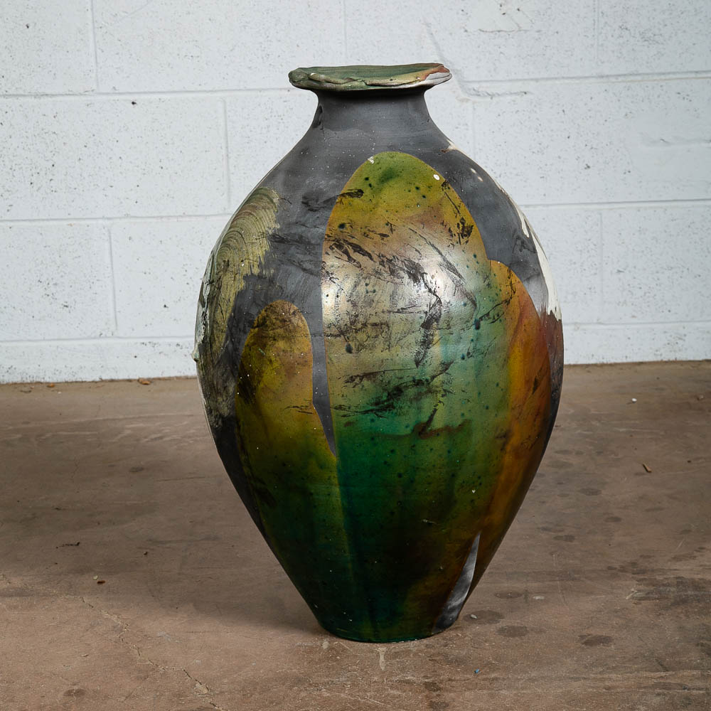 Mid Century Modern Art Pottery Vase Studio Ceramics Grey Green Tall Signed '05 - Image 2