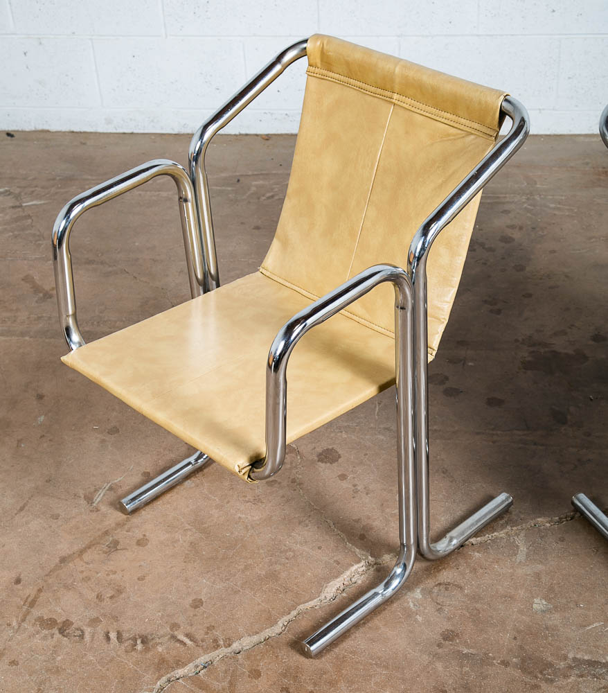 Mid Century Modern Lounge Chairs Chrome Tan Jerry Johnson Sling Pair Armchair 2 - Image 8