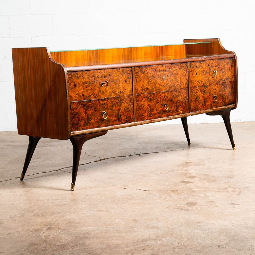 Mid Century Danish Modern Credenza Vanity Teak Italian 6 Drawers Mirror Glass