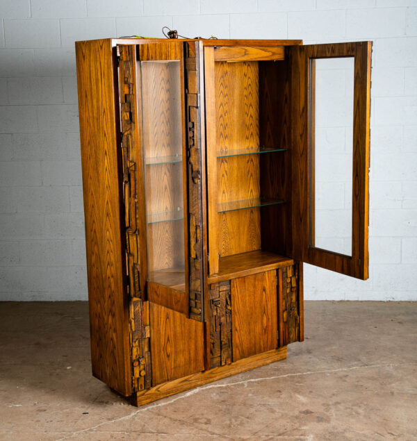 Mid Century Modern Hutch China Cabinet Lane Mosaic Pueblo Brutalist Glass Wood - Image 3