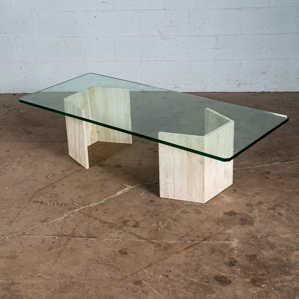 Mid Century Modern Coffee Table Travertine Stone Italian Glass Vintage Large 60" - Image 8