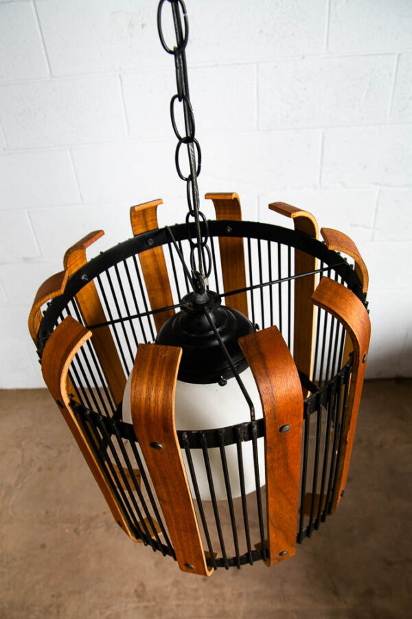 Mid Century Modern Hanging Lamp Metal Wood Switch Vintage White Globe Glass Mcm - Image 6