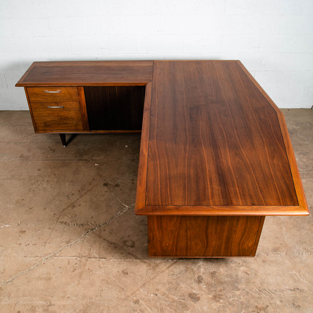 Mid Century Modern Desk Executive L shaped Solid Walnut Tambour Door Large File - Image 2
